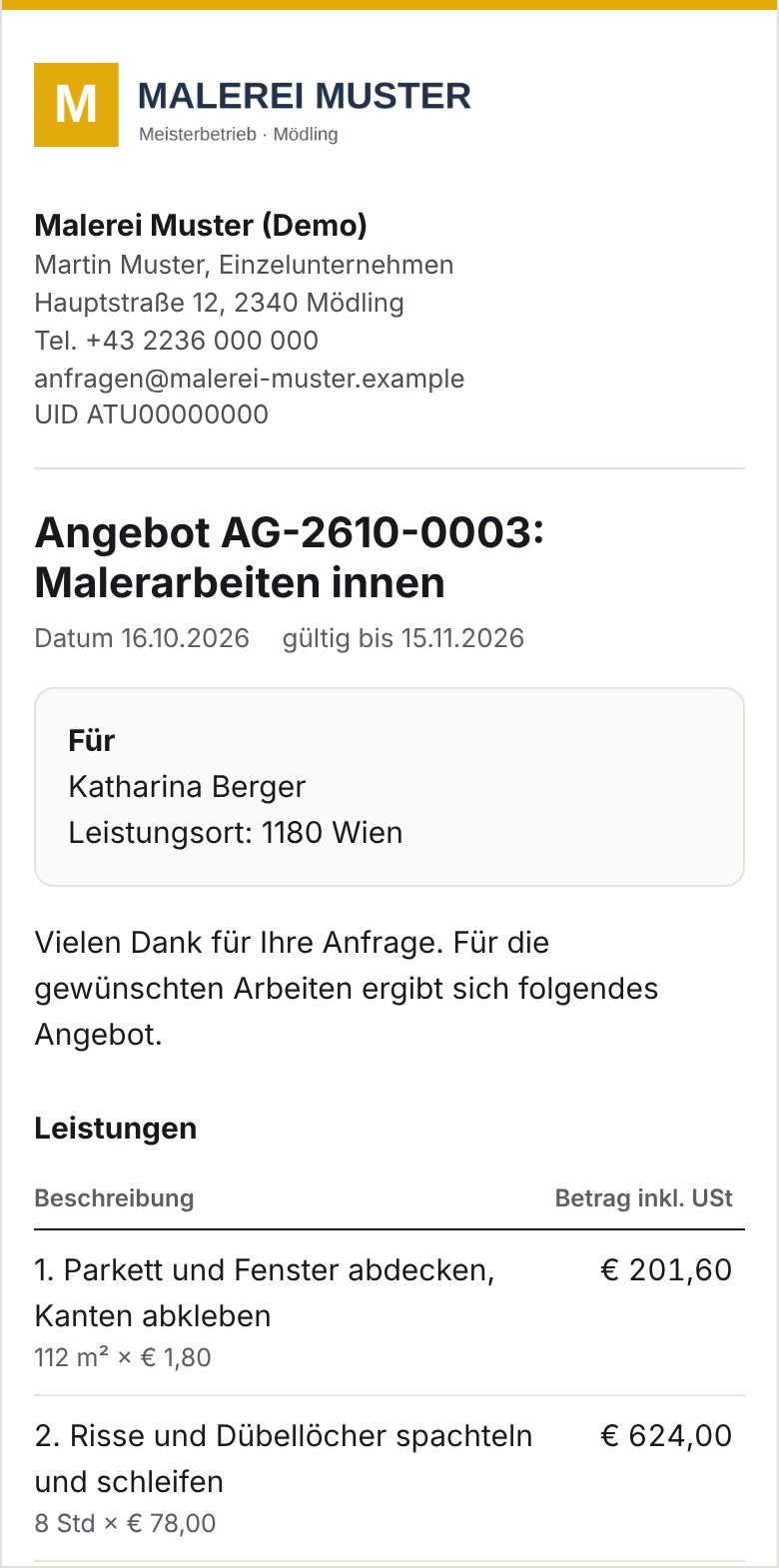 Das Angebot am Handy der Kundin: Logo und Anschrift des Betriebs, Angebot AG-2610-0003, Malerarbeiten innen