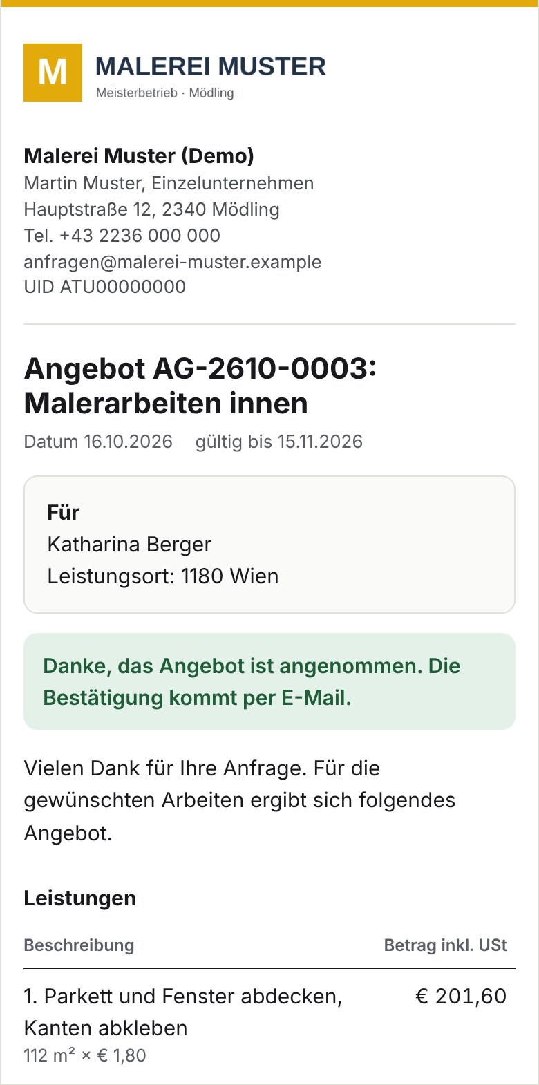 Angebot am Handy der Kundin: angenommen, Bestätigung kommt per E-Mail