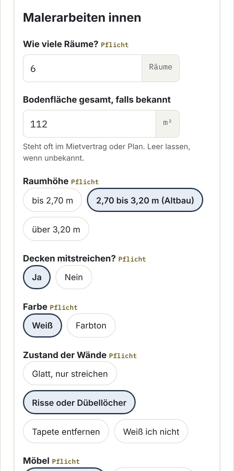 Formular am Handy: Malerarbeiten innen, 6 Räume, 112 m², Raumhöhe Altbau