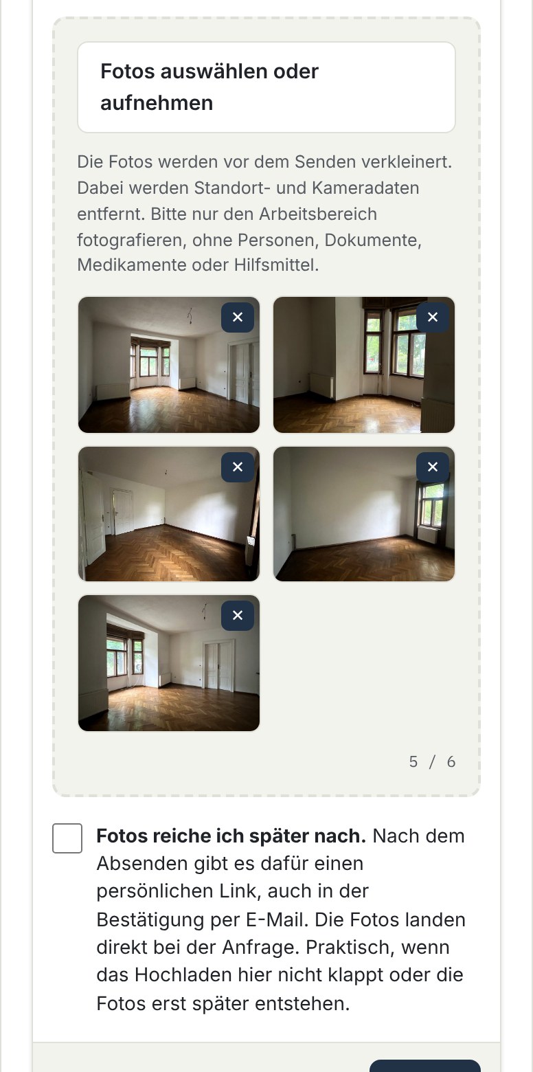 Formular am Handy: fünf Fotos der leeren Altbauräume hochgeladen