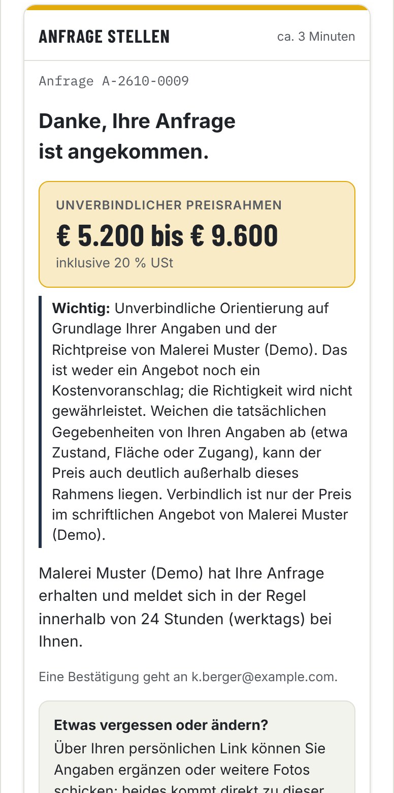 Danke-Seite am Handy: unverbindlicher Preisrahmen